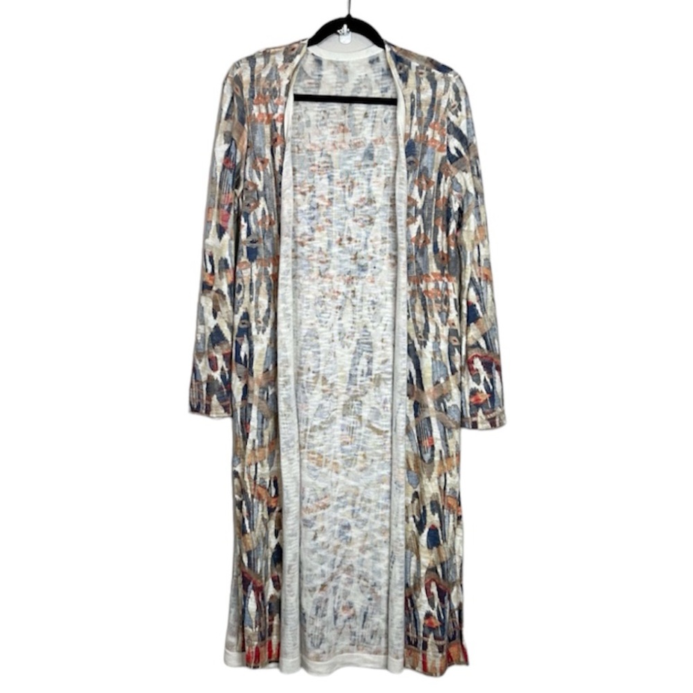 CHICO'S Bohemian Patterned long duster open front cardigan with side slits